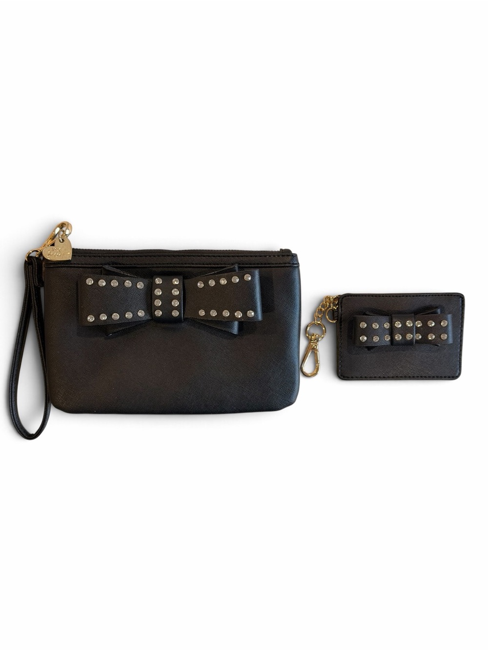 Betsey Johnson 2-Pc Black Wristlet & Matching Cardholder Set Rhinestone Bows